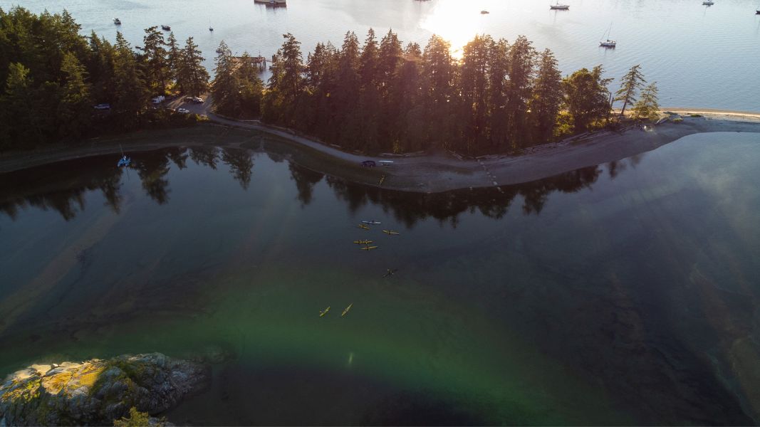 Aerial photo of kayakers in a lagoon